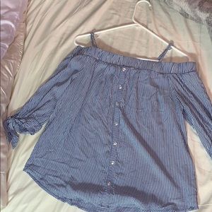 Blue and white off the shoulder stripped shirt